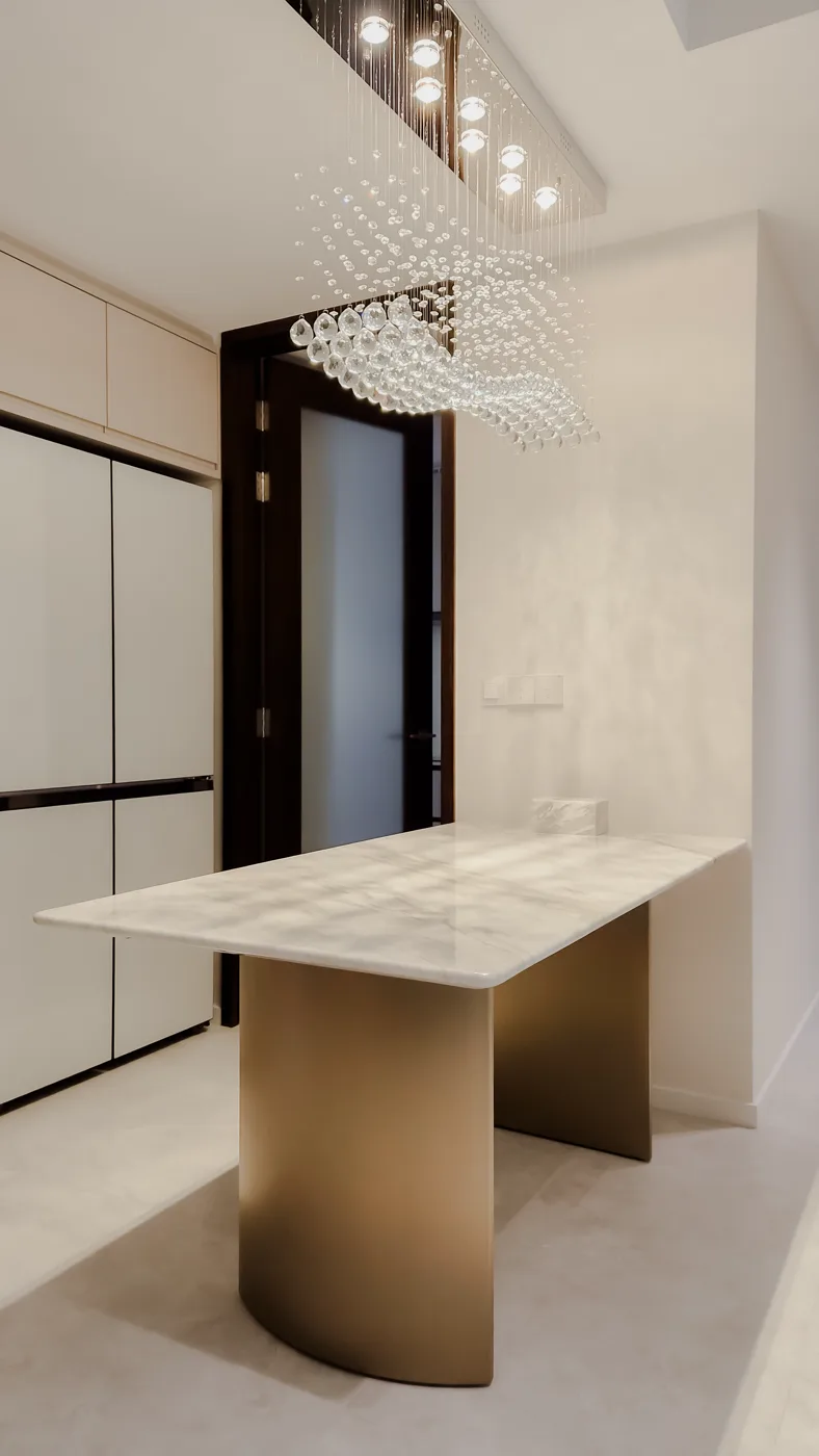 A Calacatta Beige dining table in a pale, light-filled room